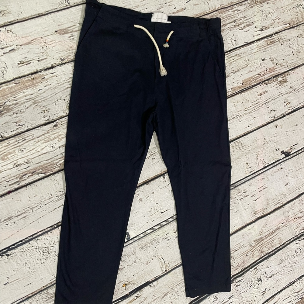 The Silted Company, large, navy blue pants, drawstring waist.